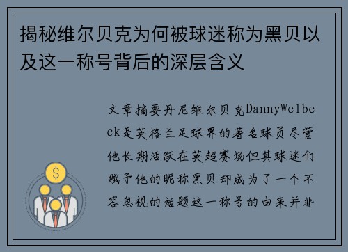 揭秘维尔贝克为何被球迷称为黑贝以及这一称号背后的深层含义